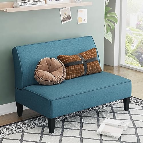 Small Loveseat, Blue Mini Sofa Couch Accent Upholstered Bench with Back Living Room Bedroom Office Armless Love Seat Settee - color: Blue
