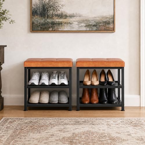 Small Shoe Storage Bench with PU Leather Seat Cushion, 3-Tier Freestanding Shoe Rack Organizer for Entryway, Heavy-Duty Metal Mesh Shelves, Supports Up to 300 lbs, Brown (15.7"x11.4"x17.5") - color: Brown, size: 15.7"L