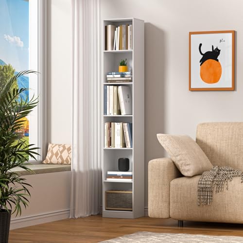 70.9 Inch Tall Narrow Bookcase, Modern White Corner Storage Cabinet, Free Standing Bookcase with Storage, 6 Tier Cube Open Display Shelves for Home Office 30cm