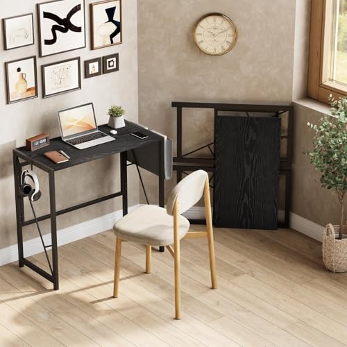 GarveeHome 31.5 Inch Folding Gaming Writing Computer Work Desk for Home Office,with Storage Bag & Hook,Space-Saving,Easy to Fold,Small Table for Bedroom,Apartment,Black - color: Black, size: 31.5"W x 15.7"D