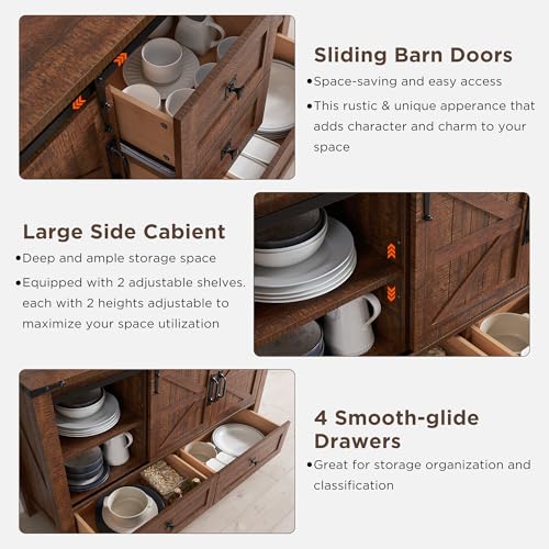 T4TREAM 48" Wide Farmhouse Sideboard Buffet Cabinet, Reclaimed Barnwood | 31.2" Tall Kitchen Cabinet with Storage, 2 Sliding Barn Doors, 4 Drawers, Rustic Wood, Coffee Bar Table, Dining Room - color: Reclaimed Barnwood Color