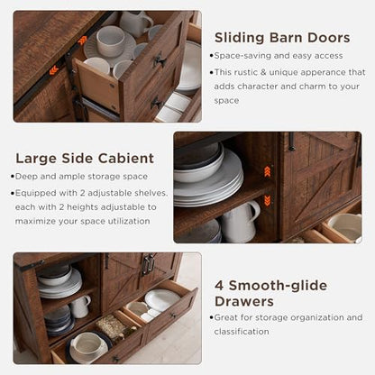 T4TREAM 48" Wide Farmhouse Sideboard Buffet Cabinet, Reclaimed Barnwood | 31.2" Tall Kitchen Cabinet with Storage, 2 Sliding Barn Doors, 4 Drawers, Rustic Wood, Coffee Bar Table, Dining Room - color: Reclaimed Barnwood Color