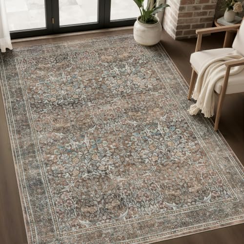 JOLLYVOGUE Vintage Floral Rug 3x5, Washable Entryway Rug with Faux Cashmere Surface, 0.2" Low Pile and Non-Slip Backing, Pet-Friendly for Doorways, Small Spaces and High-Traffic Areas, Vintage Brown - color: Vintage Brown, size: 3' x 5' (Rectangular)