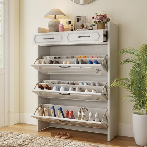 Lakifun Shoe Cabinet for Entryway, Narrow Shoe Storage Cabinets with 3 Flip Drawers and 2 Top Drawer, Modern Shoes Rack Organizer Cabinetes for Hallway, Entryway, Living Room, Light White - color: Light White