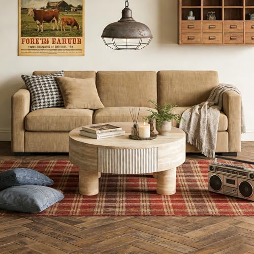31.5" Round Coffee Table with Flip Top & Fluted Drawer for Living Room, Modern Circle MDF Wooden Center Table Tea Table for Apartment, Hidden Storage, Beige - color: 31.5" Round Coffee Table With Flip Top,beige