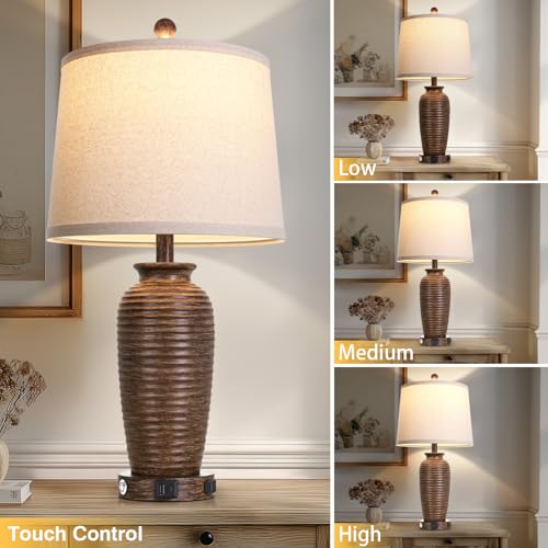 CINSARY 25" Retro Walnut Brown Farmhouse Jar Table Lamps Set of 2, 3 Way Touch Control Rustic Bedside Lamps with USB A+C Ports & AC Outlet, Pot Nightstand Lamps for Bedroom Living Room - color: Walnut Brown