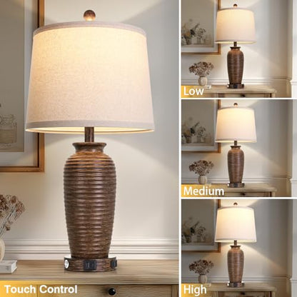 CINSARY 25" Retro Walnut Brown Farmhouse Jar Table Lamps Set of 2, 3 Way Touch Control Rustic Bedside Lamps with USB A+C Ports & AC Outlet, Pot Nightstand Lamps for Bedroom Living Room - color: Walnut Brown