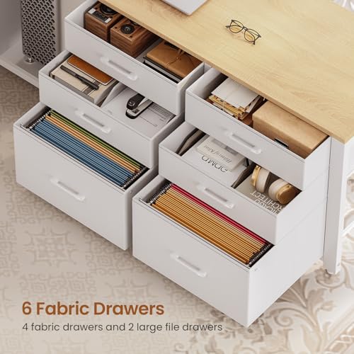 SEDETA L Shaped Electric Standing Desk, 55" x 55" Height Adjustable Office Executive Desk with 6 Fabric Drawers and Storage Shelves, Sit Stand Computer Desk with Power Outlet - color: Oak