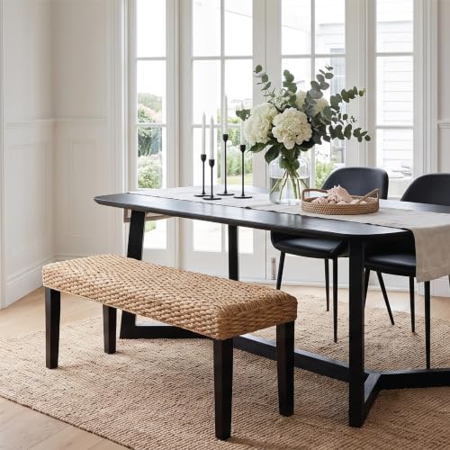Solid Wood Acacia Indoor Bench, Water Hyacinth Seat, Black Leg, Plait Style | Natural Woven Seat, Boho Entryway, Farmhouse Modern Style, Multi-Room Use - color: Plait - Black Leg & Water Hyacinth