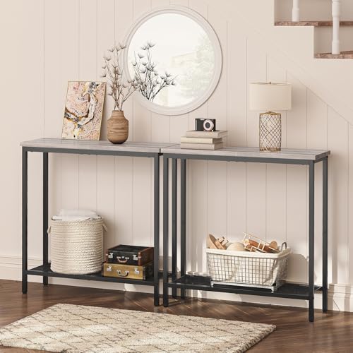 HOOBRO 29.5" Narrow Console Table, Small Entryway Table with Shelf, 2 Tier Thin Sofa Table, Behind Couch Table, Side Table, for Hallway, Living Room, Bedroom, Greige and Black BG74XG01 - color: Greige + Black