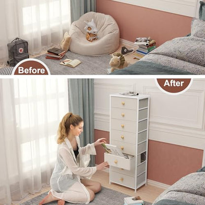 Fabric Dresser for Bedroom, 8 Drawer Tall Vertical Skinny Tower (Beige) | Wooden Top, Steel Frame, Easy Pull Bin,Organizer Unit for Living Room, Hallway, Entryway, Nursery, Closets - color: Beige, style: Narrow-8 Drawers