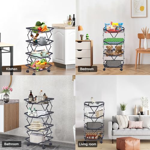 4 Tier Fruit Basket for Kitchen Stackable Metal Wire Fruit Vegetable Basket with Wheels Narrow Corner Rolling Utility Cart for Kitchen, Pantry, Bathrooms, Garage