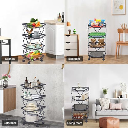 4 Tier Fruit Basket for Kitchen Stackable Metal Wire Fruit Vegetable Basket with Wheels Narrow Corner Rolling Utility Cart for Kitchen, Pantry, Bathrooms, Garage