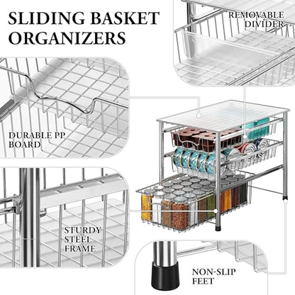 Simple Houseware Stackable 3 Tier Sliding Basket Organizer Drawer, Chrome - color: Chrome, size: 3-tier