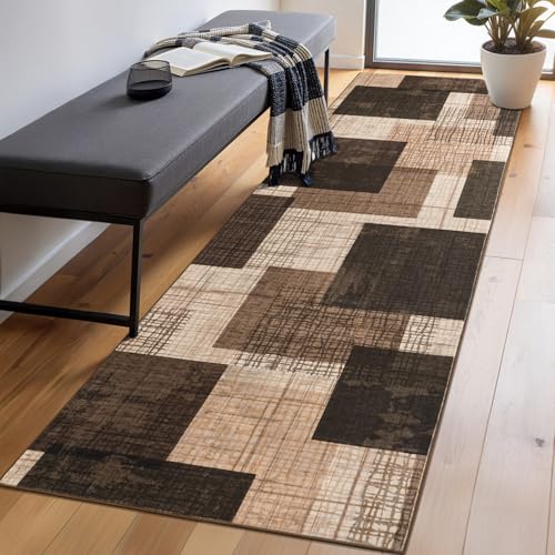 Washable 2x8 Runner Rug for Hallway Kitchen Bedroom, Chocolate | Non Slip, Low-Pile, Soft Stain Resistant, Modern Geometric Patchwork Grid Print Long Runner with Rubber Backing - color: Chocolate, size: 2' x 8' (Runner)