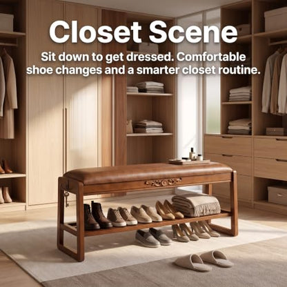 Shoe Storage Bench Shoe Rack Bench with Storage 2 Tier Wooden Shoe Rack | Solid wood shoe bench flip-top storage cushioned seat weight capacity of 550 lb side hooks walnut finish 39.4" W - size: 39.4"