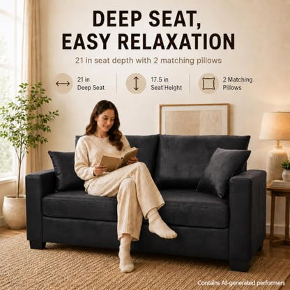 69'' Loveseat Sofa,Modern Fabric 2-Seater Sofa with 2 Pillows(Black) | Small Couches for Living Room, Office,Apartment, Small Spaces,21 in Deep Seat - color: Black