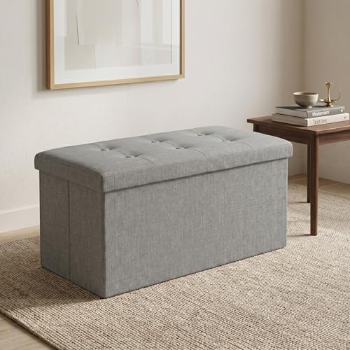 HOME DESIGN Florence 30" Upholstered Folding Storage Ottoman Bench, Tufted Top, Space-Saving Storage, Gray Linen Fabric - color: Gray Linen