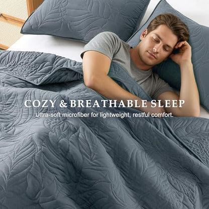 R.SHARE Dusty Blue Queen Size Quilt Set, Soft Lightweight Bedspread, Farmhouse Rustic Country Coverlet, Leaf Pattern Bedding with 2 Shams, 3 Pieces Spring Summer Thin Comforter - color: Dusty Blue, size: Queen (90"x90")