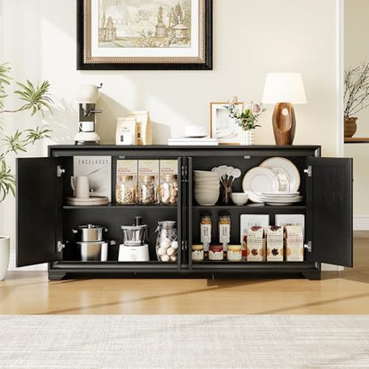 60" Buffet Cabinet with Storage, 4 Doors & Adjustable Shelves Black | Credenza Sideboard Cabinets Wood with Adjustable Shelves, Modern Kitchen Coffee Bar Table for Dining Living Room, Entryway - color: Black