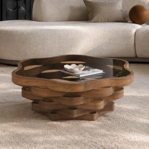 35.8" Cloud Coffee Table with Glass Top & Multi-Laye Wave Base | Modern Unique Irregular Center Table for Living Room, Artistic Cocktail Table for Apartment, Wooden Tea Table - Walnut - color: 35.8" Cloud Coffee Table