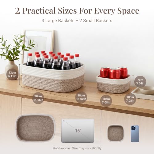 5-Pack Large Woven Rope Storage Baskets, 2 Sizes Organizer Bins | Fabric Cube Boxes and Rectangular Shallow Bins for Closet, Shelf, Bookshelf, Nursery, Changing Table, Bathroom, Toys & Home - color: natural & white, size: 3pcs-14.96*11.02*5.11'' & 2pcs-7.