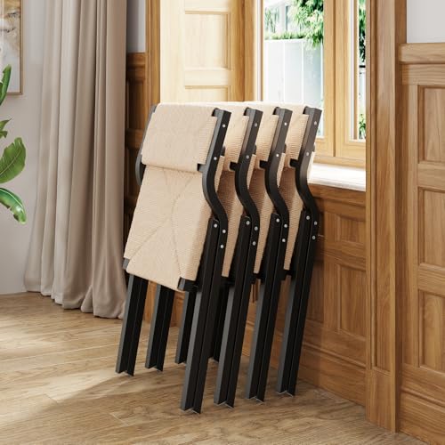 Wood Folding Chairs, Foldable Chairs Wooden Indoor Stackable Dining Chairs for Kitchen & Dining Room Chair Woven Seat & Webbing Back, Dining Chair Set of 2 - color: Black/Natural, Woven Rope