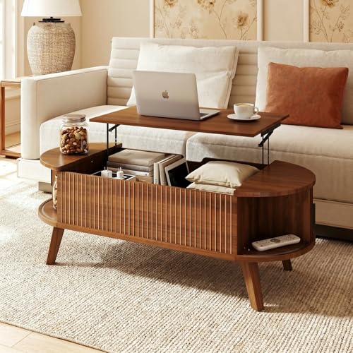 Oval Lift Top Coffee Table with Storage, 47.2" Mid Century Modern Fluted Coffee Table with Sliding Tambour Doors & Hidden Compartment, for Living Room Home Office, Walnut - color: Walnut Oval