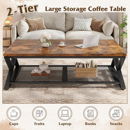 EnHomee Coffee Table, Storage & Shelf, X-Frame Stability, Rustic Brown | Families, Wood & Metal, Holds Magazines & Drinks, Industrial Design, Living Room, 47.2“ - color: Rustic Brown, size: 47.2 Inch