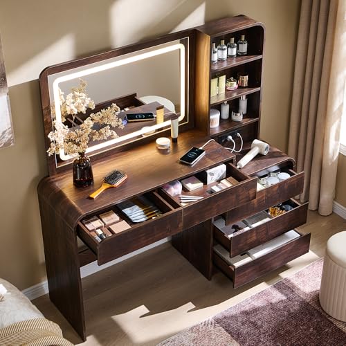 Aitjunz Vanity Desk with Mirror and Lights, 50” Modren Makeup Vanity with 35.43" Mirror and 5 Drawers, Makeup Table with Charging Station for Women and Girls, Bedroom (Brown) - color: Brown