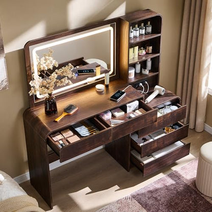 Aitjunz Vanity Desk with Mirror and Lights, 50” Modren Makeup Vanity with 35.43" Mirror and 5 Drawers, Makeup Table with Charging Station for Women and Girls, Bedroom (Brown) - color: Brown