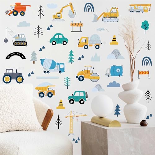 Construction Vehicles Wall Decals - 90Pcs (6 Sheets) Peel & Stick Removable Wall Stickers for Boys Room, Nursery, Playroom - Trucks, Excavator, Crane Theme Boho Kids Bedroom Decor, Easy DIY - color: Construction