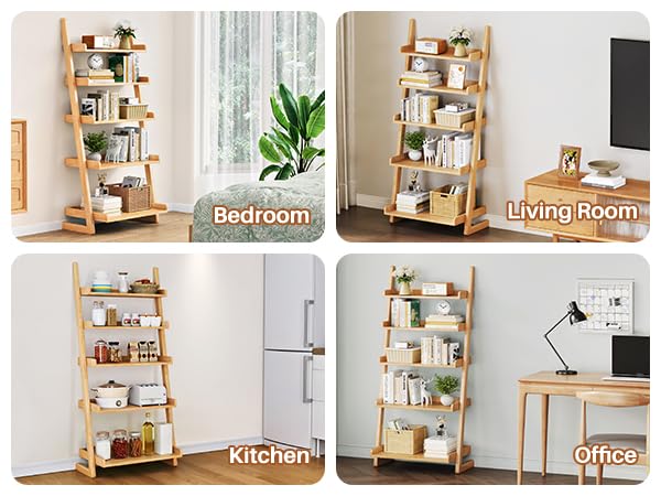 CozyDH Wooden Ladder Shelf,Natural Ladder Bookshelf Narrow 5-Tier,Ladder Shelf Bookcase Storage for Living Room, Bedroom, Home Office,23.6Dx15.7Wx55.1H - color: Natural