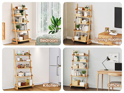 CozyDH Wooden Ladder Shelf,Natural Ladder Bookshelf Narrow 5-Tier,Ladder Shelf Bookcase Storage for Living Room, Bedroom, Home Office,23.6Dx15.7Wx55.1H - color: Natural