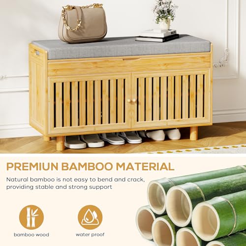 Shoe Storage Bench Coat Rack Set, 35.4" Bamboo Hall Tree Entryway Bench | Shoes Bench with Lift Top Hidden Storage & Wall Hooks, 2-Tier Shoe Cabinet with Seat Cushion for Foyer, Hallway, Natural - color: Natural With Hooks