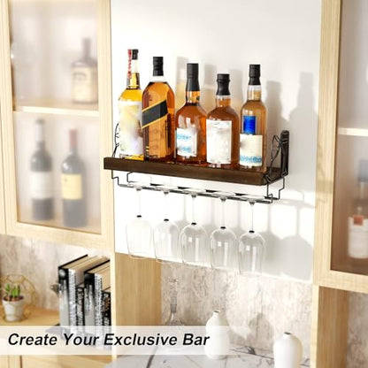Love-KANKEI Wine Rack with Stemware Hanger,Solid Wood,17inch,Dark Brown | Wine Glass Rack,Floating Wall Shelf,Easy to Install,40 Lbs/shelf,For Kitchen,Dinning Room,Home Bar,Living Room,Elegant Design - color: Dark Brown