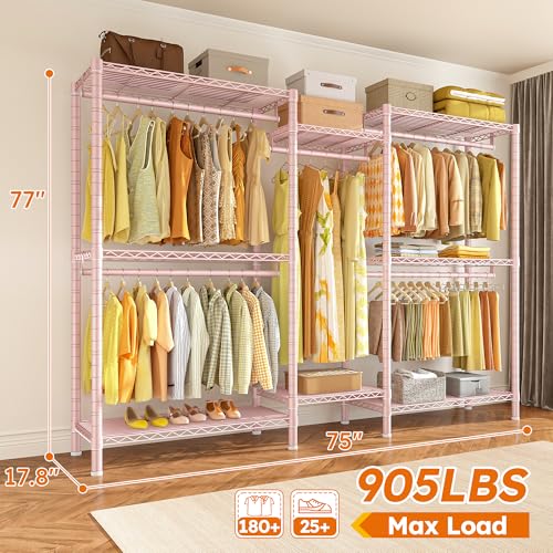 Raybee Clothes Rack,Clothing Racks for Hanging Clothes Heavy Duty,Adjustable Garment Rack with Shelves,Rolling Clothes Rack Max Load 905LBS,75" W x 77" H x 17.8" D Pink - color: Pink, size: 75" W x 17.8" D x 77" H