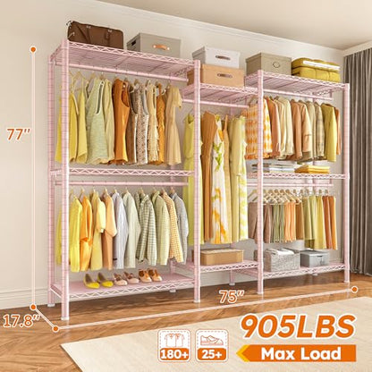 Raybee Clothes Rack,Clothing Racks for Hanging Clothes Heavy Duty,Adjustable Garment Rack with Shelves,Rolling Clothes Rack Max Load 905LBS,75" W x 77" H x 17.8" D Pink - color: Pink, size: 75" W x 17.8" D x 77" H