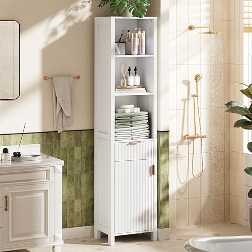 VINGLI 68" Tall Narrow Bathroom Storage Cabinet, Slim Freestanding Floor Cabinet with Fluted Door & Drawer, 12 Inch Deep Skinny Wood Organizer for Small Spaces, Kitchen & Living Room, White - color: Crisp White, size: 68"H Narrow Cabinet