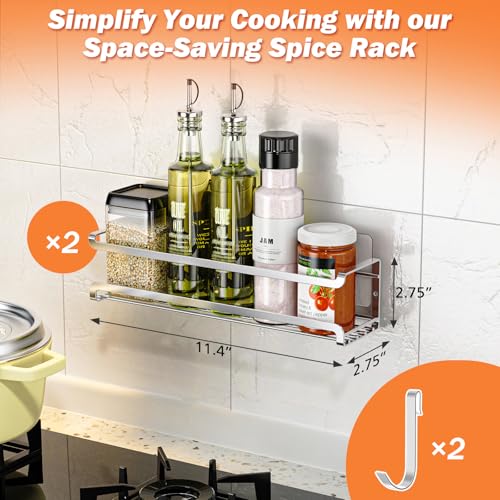 Bunoxea Spice Rack Wall Mounted 2 Pack, Silver,For Spice Jars & Seasonings | 2 Removalble Hooks,Screw or Adhesive Hanging, Space-Saving,For Kitchen Cabinet, Pantry Door,Stove,RV Use,11.41x2.75x2.75in - color: Silver, size: 2Pack