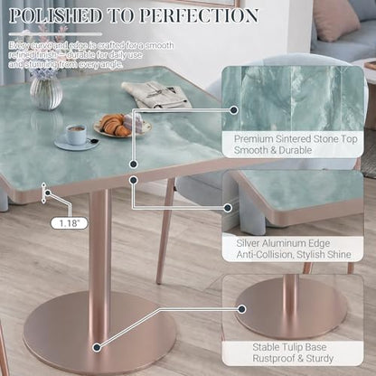 31.5'' Tulip Table, Square Dining Table with Glossy Sintered Stone Tabletop | Rose Gold Aluminum Alloy Edge & Pedestal, Small Bistro Table for Dining Room/Café/Small Spaces/Restaurant (Aqua Jade) - color: Aqua Jade (Rose Gold), size: Square