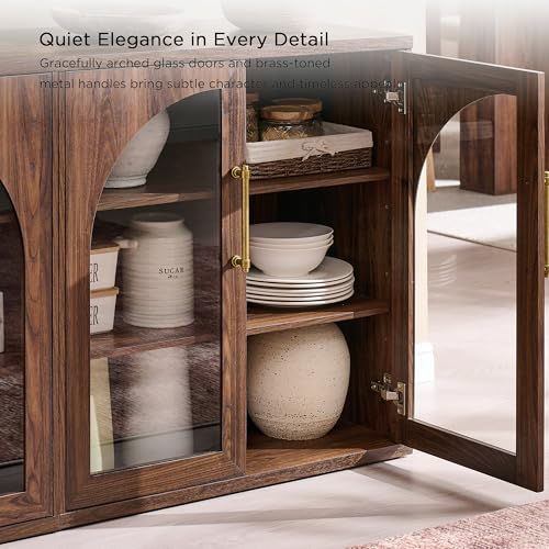 Glass Arched Door Sideboard Buffet Cabinet Set of 2, Brown | Modular, Multi-Compartment Storage, Adjustable Shelf, Soft Close Hinges, Freestanding, for Dining Room, Living Room - color: Brown