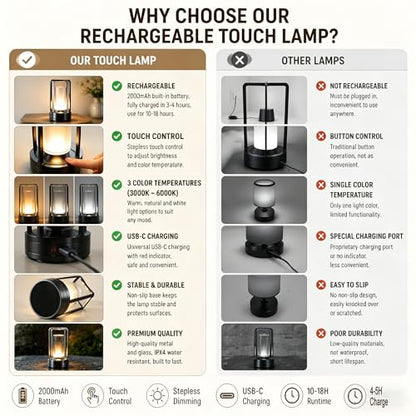 Rechargeable Crystal Table Lamp, 3-Color Touch LED, Black | Black metal crystal lantern, 3-color touch dimming, USB-C rechargeable, compact 7.1 in accent light for patio table - style: black-1