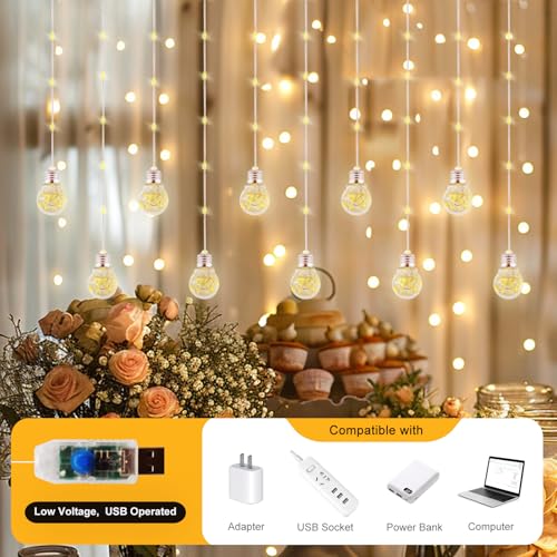Wishing Ball Curtain Lights LED Window Hanging Lights with Remote, USB Powered Twinkle Globe Fairy String Lights for Wedding Party Bedroom Christmas Indoor Outdoor Decoration (Warm White)