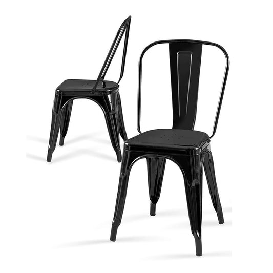 Metal Dining Chair Set of 2,Obsidian Black Color | Stackable Indoor Outdoor Industrial Vintage Chairs - color: Obsidian Black