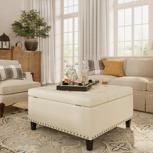 FiveWillowise 31.5 Inch Large Square Ottoman with Storage,Faux Leather | Coffee Table Storage Ottoman Bench with Lift Top Upholstered Footrest Stool Toy Box for Bedroom Living Room,Yellow White - color: Yellow White