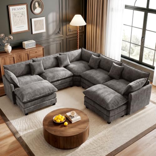 110" Modular Sectional Cloud Sofa Couch V Shape with 2 Ottoman, Grey | 3 Layer Cushion, 6 Washable Pillows, 29" Deep Seat, Chenille Fabric, for Living Room Apartment - color: Grey, size: 110"V-2