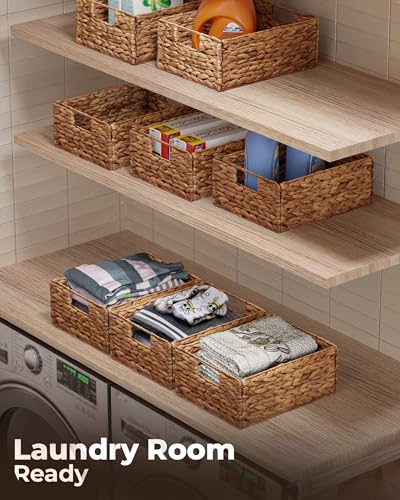 Bluewest Woven Water Hyacinth Storage Baskets with Handles, 6-Pack, Brown | Organizer and Laundry Basket with Carrying Handles, Designed as a Rattan Bin for Shelves, Closets and Household Essentials. - color: Brown
