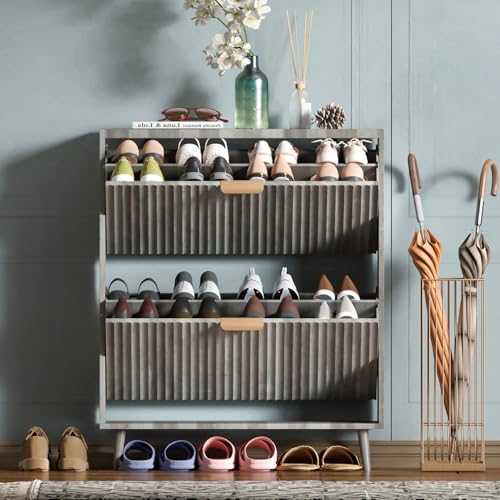 Shoe Cabinet Storage,Modern Freestanding Organizer with 2 Flip Drawers,Narrow Shoe Rack Cabinet for Entryway,Grey - color: Grey, size: 2-Drawers