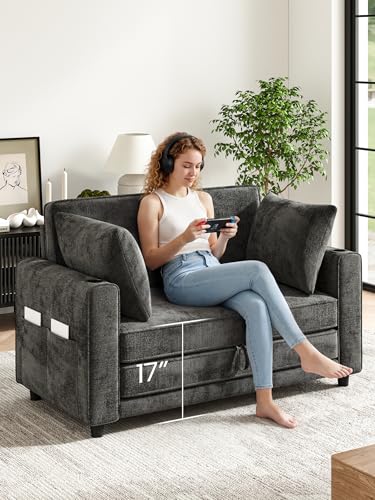 51" Loveseat Convertible Sofa Bed with Cup Holder, Small Couch 2 in 1 Pull Out Sleeper Couch, Floor Folding Couch Sofa with Two Pillows for Apartment, Living Room, Dorm (Grey) - color: Grey